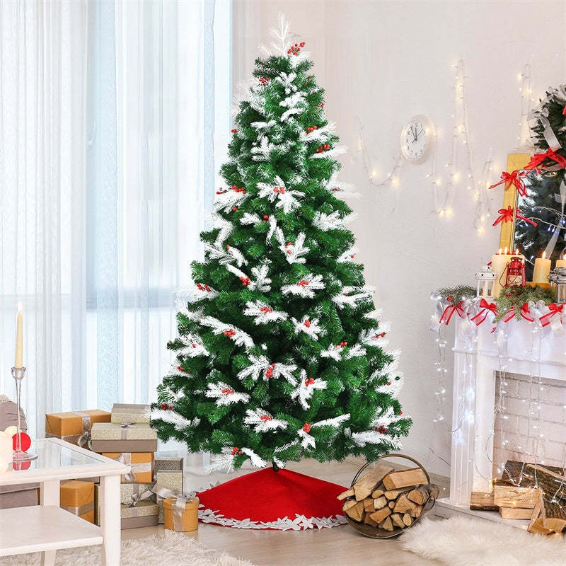 7ft Unlit Snow Flocked Hinged Christmas Tree with Folding Metal Stand