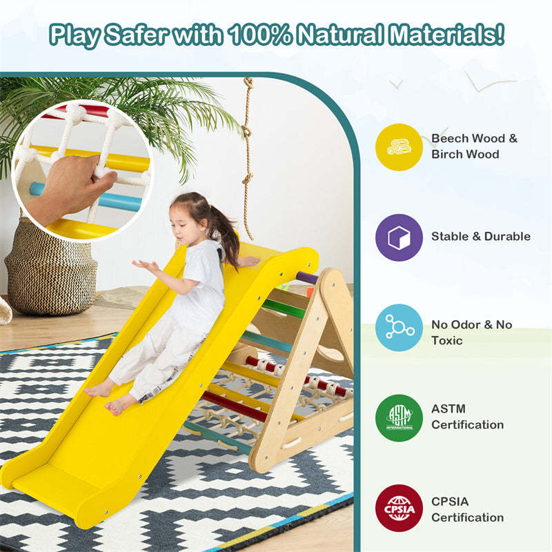 3-Side Wooden Triangle Climber with Slide Ramp, Climbing Net & Board, 4-in-1 Pikler Triangle Ladder Montessori Climbing Toys for Toddlers