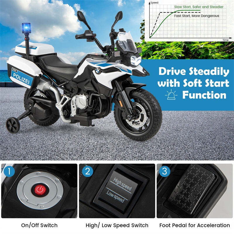 12V Battery Powered Kids Ride On Police Motorcycle Licensed BMW Dirt Bike with Training Wheels & Siren Light