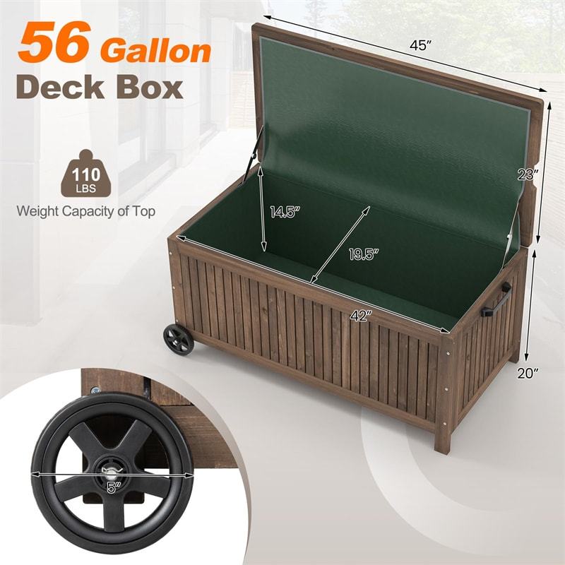 56 Gallon Fir Wood Deck Box Outdoor Storage Box Wooden Patio Storage Bench with Wheels & Removable Waterproof PE Liner for Pillows Garden Tools