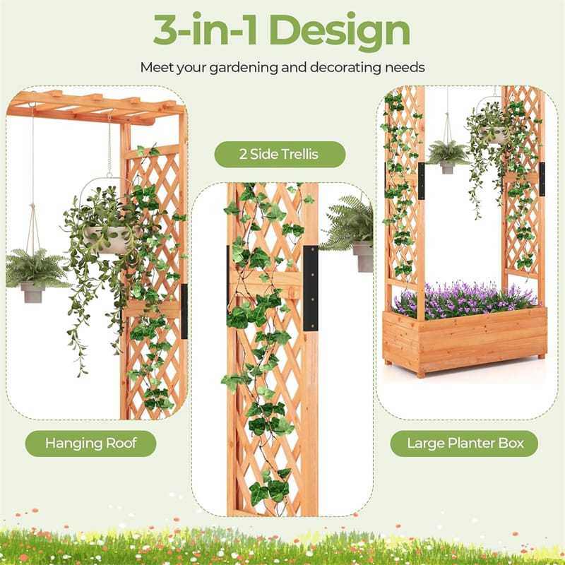 72" Raised Garden Bed with 2-Sided Trellis & Hanging Roof, Fir Wood Planter Box w/ Drainage Holes for Flowers, Herbs, Climbing Vines, Indoor/Outdoor