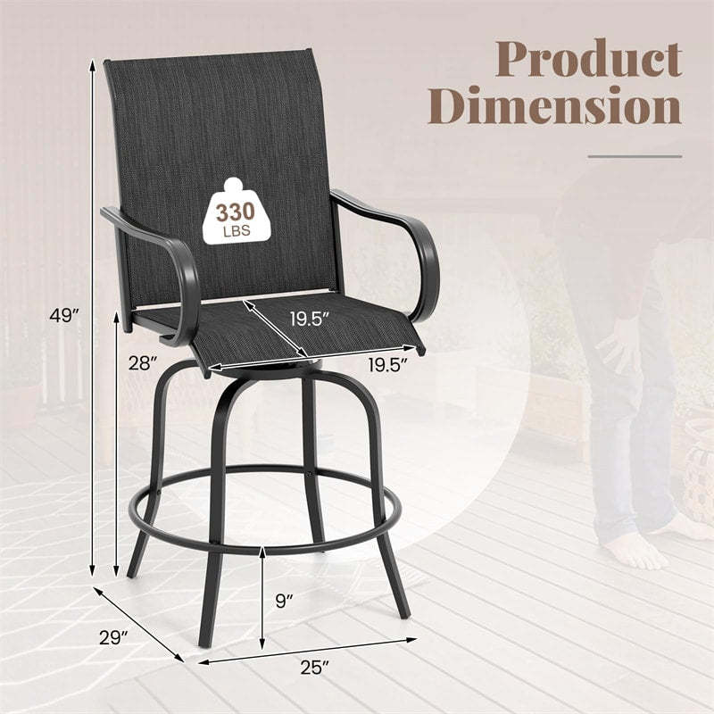 Outdoor Swivel Bar Stools Set of 2, All-Weather Steel Frame Bar Height Patio Chairs with Curved Armrests, High Back & Cozy Footrest