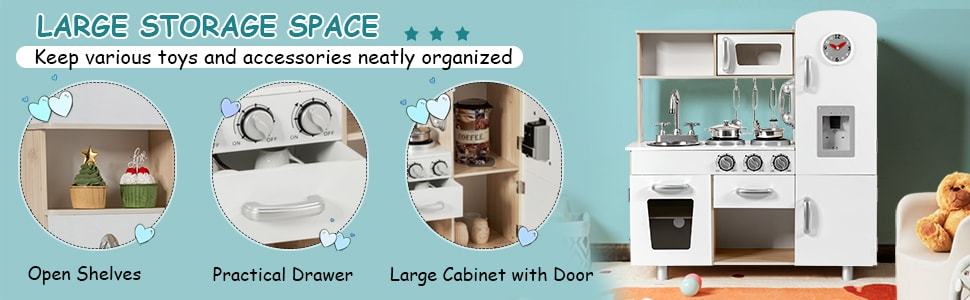 Kids Kitchen Playset Toddler Wooden Pretend Play Kitchen Toy Set with Cookware Utensil Water Dispenser & Storage Cabinet