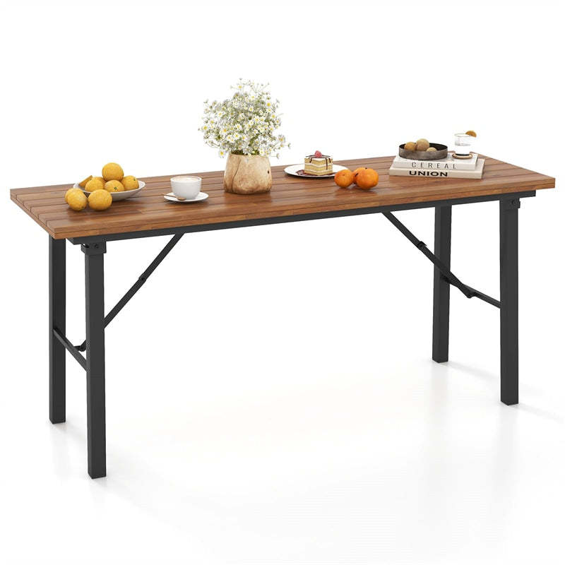 59" Outdoor Folding Picnic Table with Acacia Wood Top & Metal Frame, Portable Rectangular Dining Table for Garden, Yard, Patio & Indoor Activities