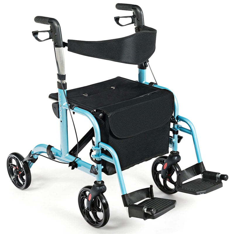 2-in-1 Folding Rollator Walker with Seat for Seniors, Aluminum Medical Walker Transport Chair Combo with 8" Wheels, Adjustable Handle & Backrest