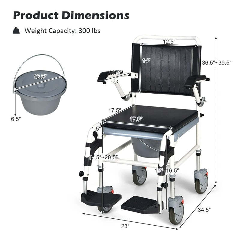 4-in-1 Bedside Commode Shower Chair with Lockable Wheels & Detachable Bucket, Height Adjustable Mobile Toilet Chair for Elderly & Adults