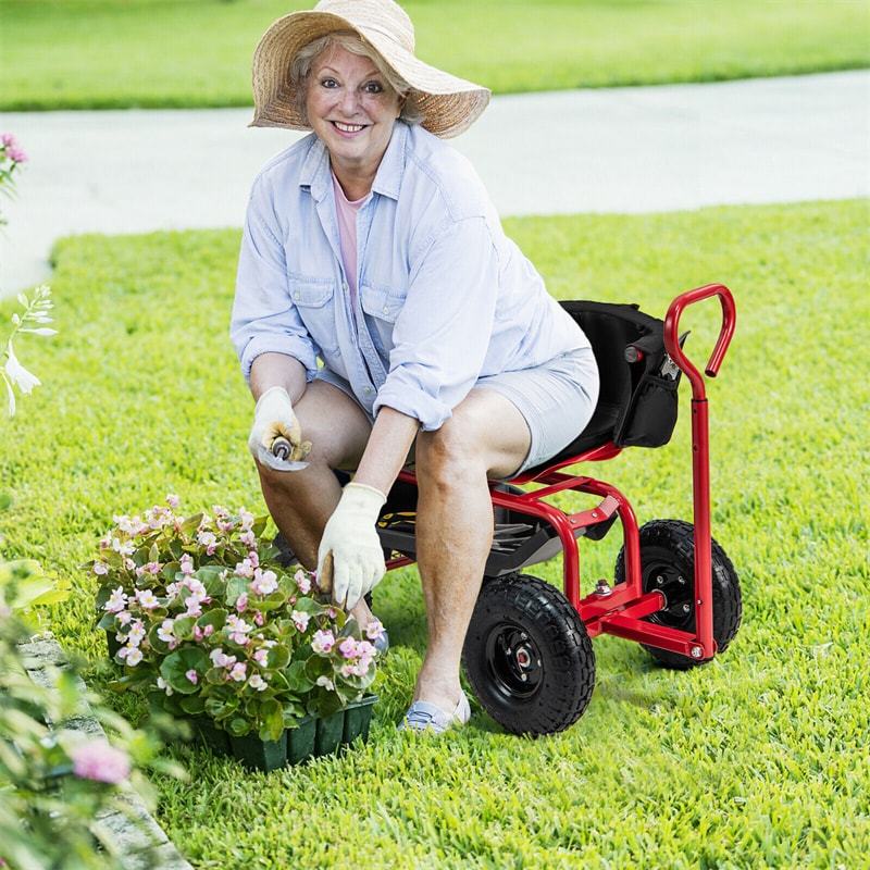Rolling Garden Cart, Height Adjustable Garden Scooter with 360° Swivel Work Seat, Tool Tray, Storage Basket & Handle for Yard Gardening Work