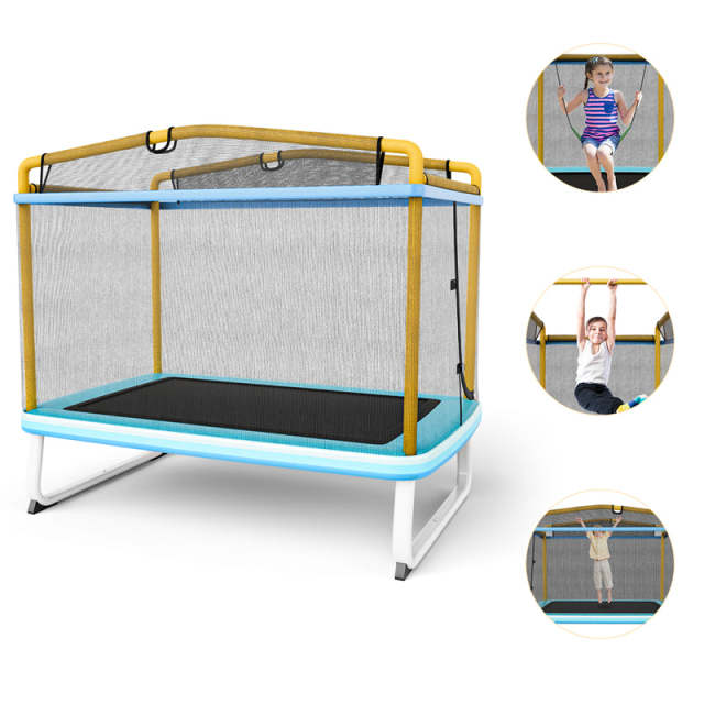 6FT Rectangle Kids Trampoline with Enclosure Net, Horizontal Bar & Swing, ASTM Approved Recreational Mini Trampoline for Toddler Indoor Outdoor