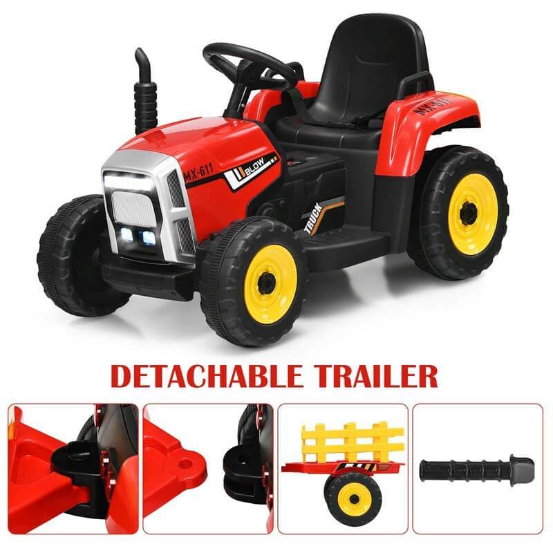 12V Kids Ride-On Tractor with Detachable Trailer, 3-Gear Ground Loader, LED Lights, Remote Control, Battery Powered Tractor Toy for Ages 3+
