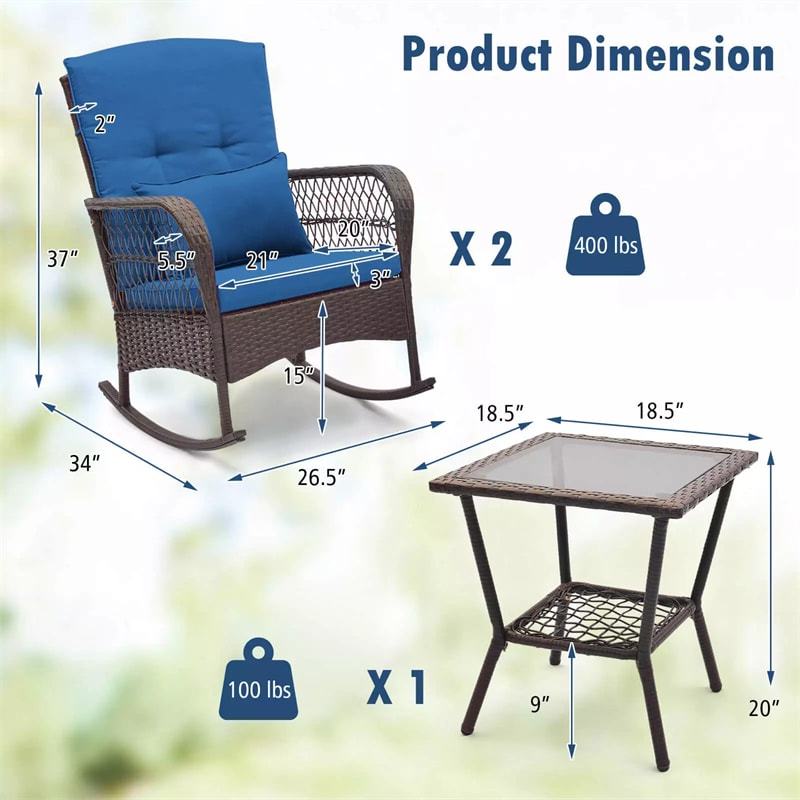 3-Piece Rattan Patio Rocker Set with 2 Rocking Chairs, Tempered Glass Coffee Table & Cushions, Outdoor Bistro Set for Porch, Poolside, Backyard