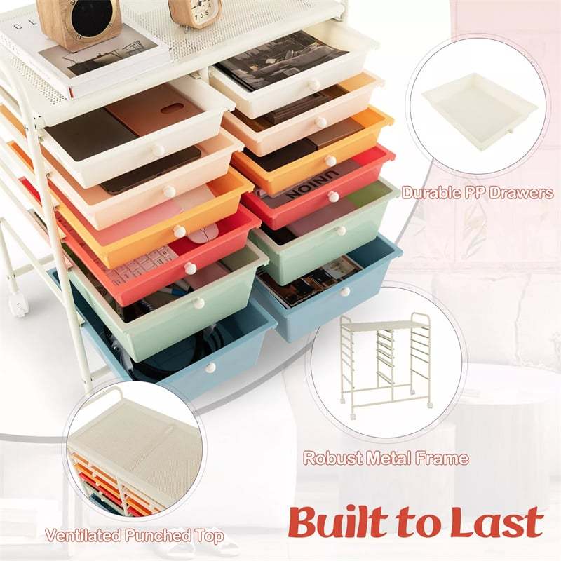 12-Drawer Rolling Storage Cart, Multipurpose Organizer Cart with Lockable Casters, Mobile Utility Cart for School Office Beauty Salon