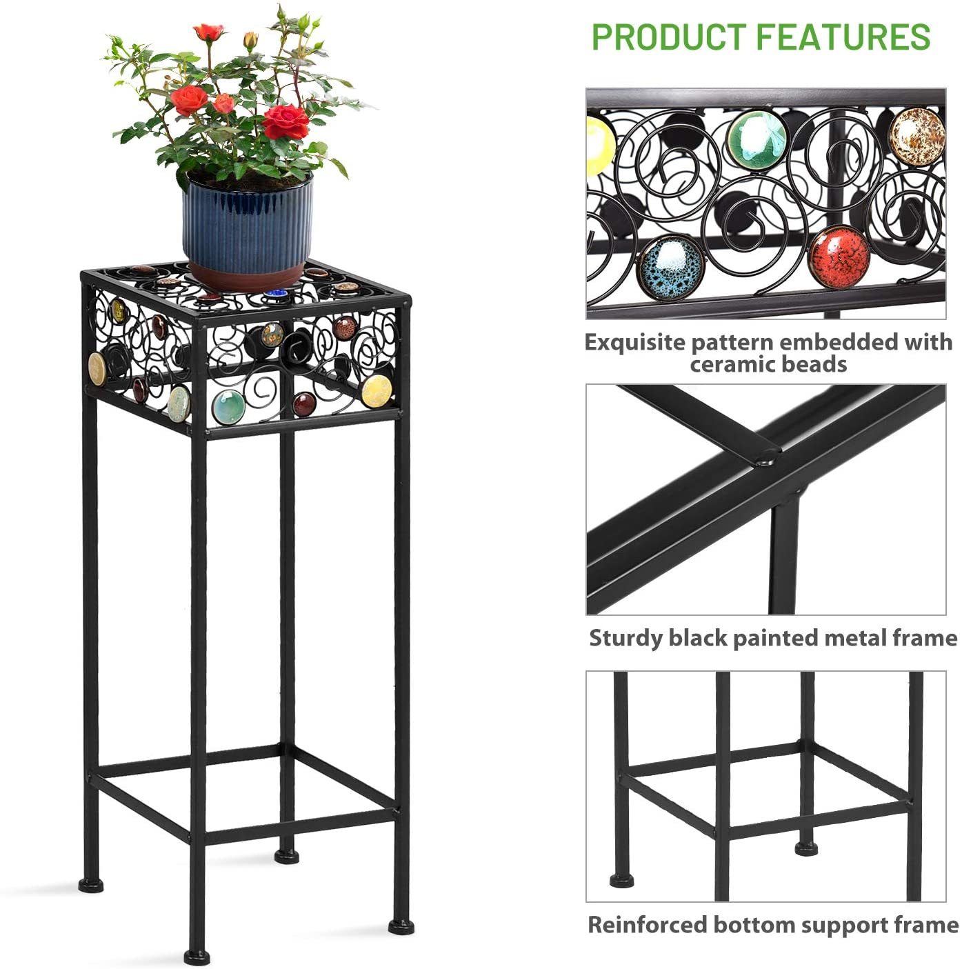3 Pcs Square Metal Plant Stand Ceramic Beads Flower Display Rack