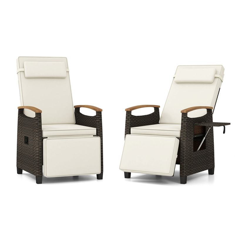 Outdoor Wicker Recliner Chair with Adjustable Backrest, Footrest, Flip Side Table & Cushion, Patio Rattan Chaise Lounge for Backyard Porch