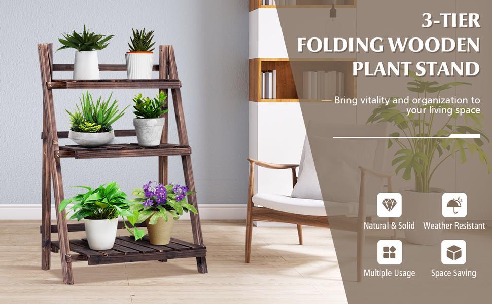 3 Tier Rustic Wooden Folding Plant Stand Flower Rack