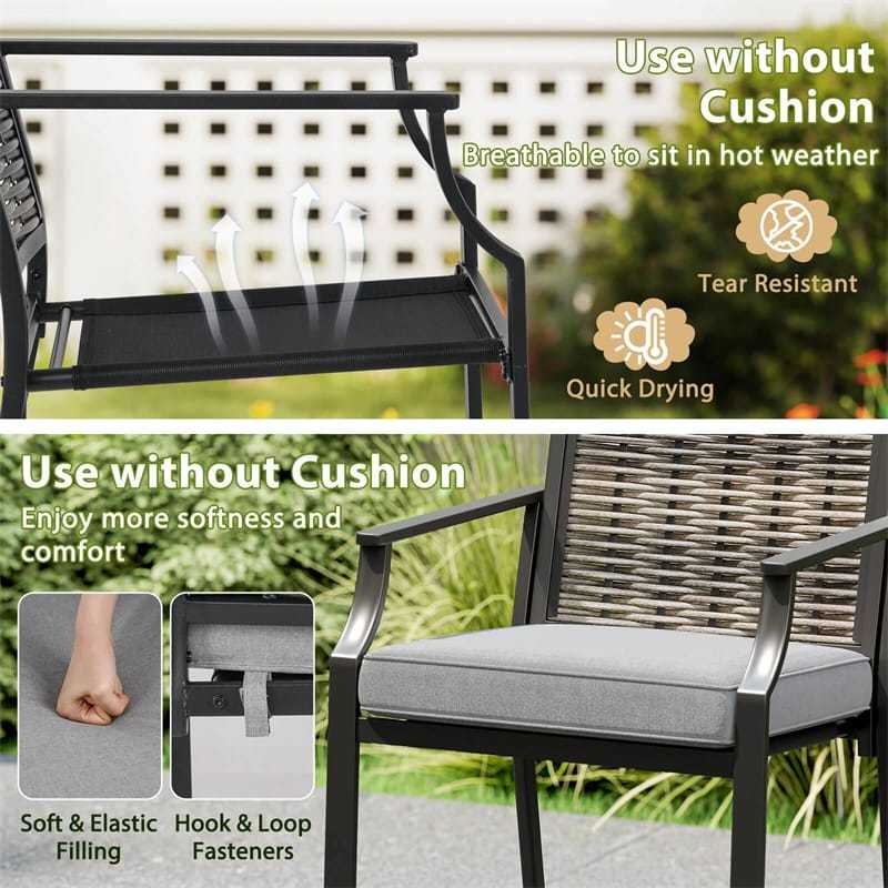Outdoor Metal Bar Stools Set of 2 with Rattan Back, Fabric Seat & Cushions, 330 LBS Capacity Counter Height Patio Chairs for Backyard, Poolside