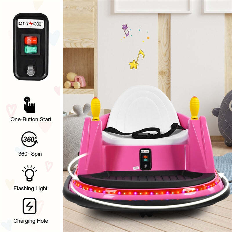Kids Bumper Car, 12V Battery-Powered Electric Ride-On Bumper Car with 360° Spin, Dual Joysticks, Remote Control & Flashing Lights for Ages 2-5