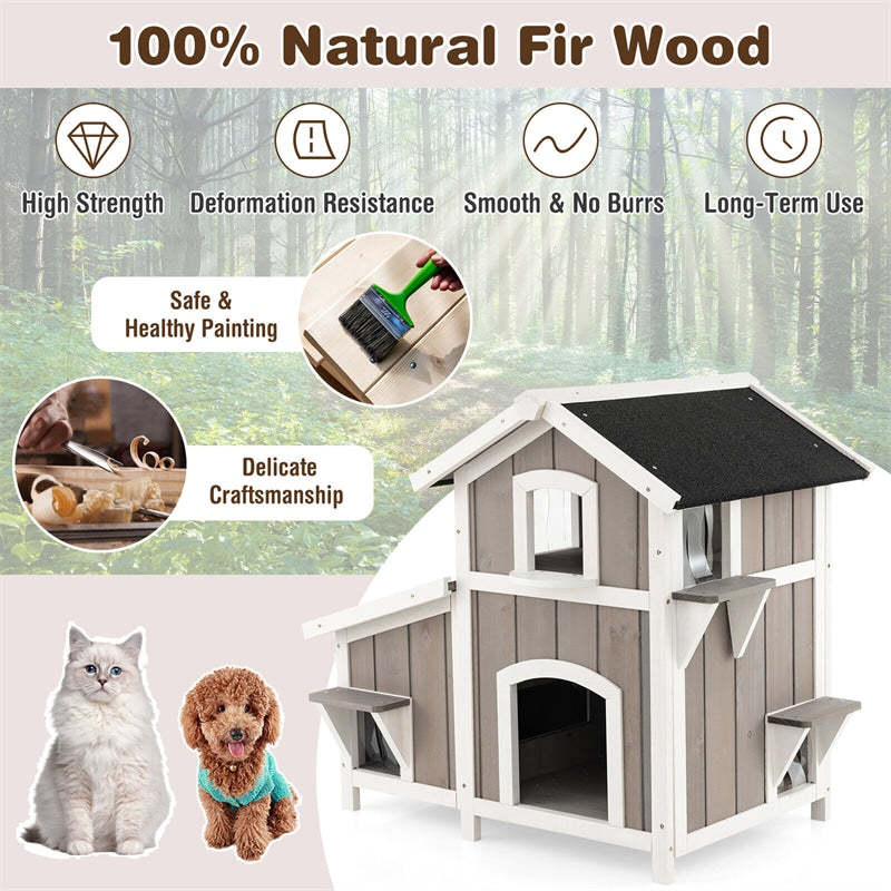 2-Story Outdoor Cat House, Wooden Feral Cat Shelter with Escape Doors, PVC Curtains, Weatherproof Asphalt Roof, Kitty Shelter Condo for Balcony Patio