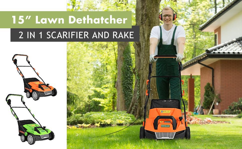 15" 13Amp Corded Scarifier 2-in-1 Electric Lawn Dethatcher with 4 Cutting Heights, 13.5 Gallon Collection Bag  & 2 Removable Blades