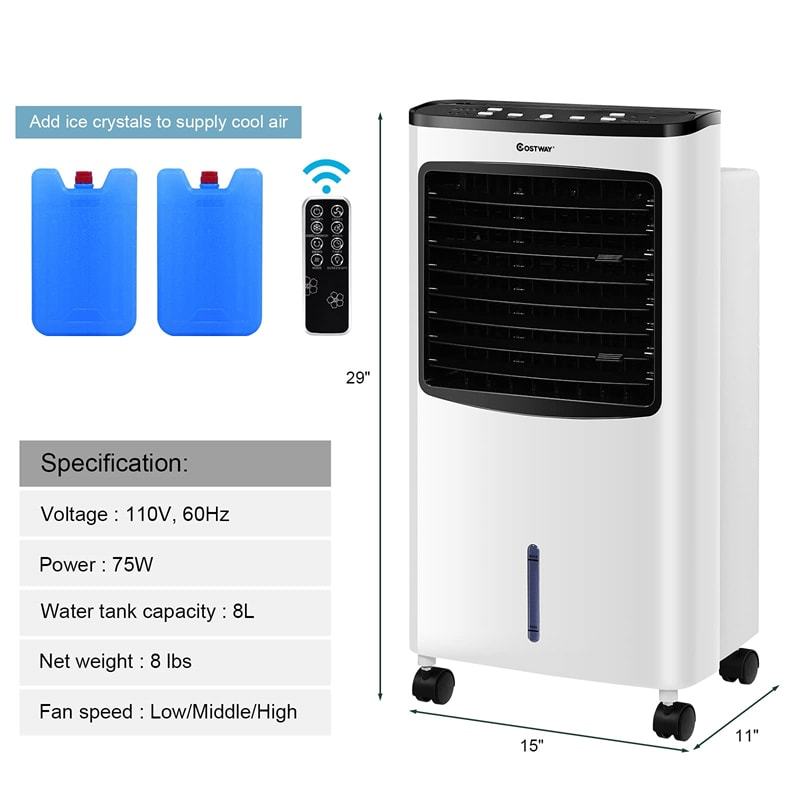 3-in-1 Portable Evaporative Cooler, Air Cooling Fan & Humidifier with Remote Control, Ice Packs, 8L Water Tank, Quiet for Home, Office, Bedroom