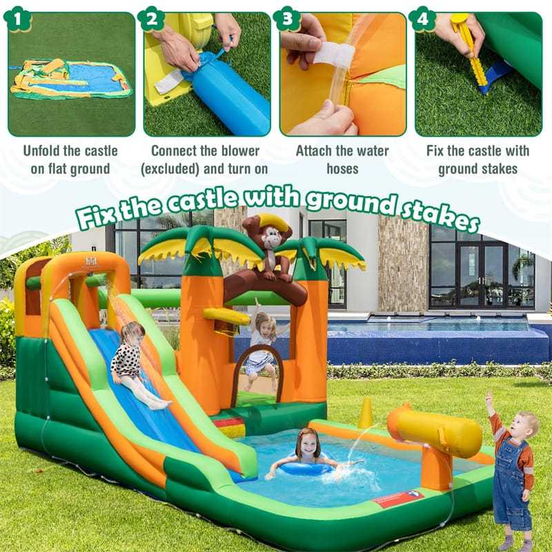 Inflatable Water Slide 7-in-1 Jungle Monkey Theme Bounce House Water Park with Long Slide, Splash Pool & Climbing Wall for Kids Backyard Party Gifts