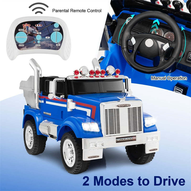 Electric Car for Kids 12V Licensed Freightliner Ride on Dump Truck with Remote Control & Rear Loader