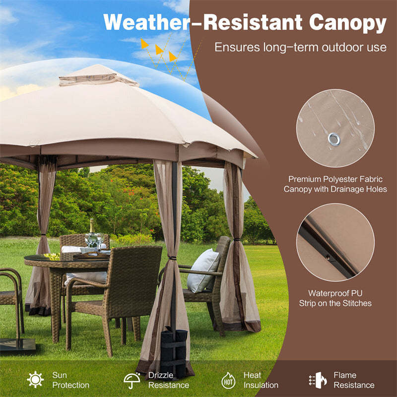 10' x 10' 2-Tier Patio Gazebo Easy-Setup Heavy-Duty Outdoor Canopy Gazebo with Netting & 4 Sandbags