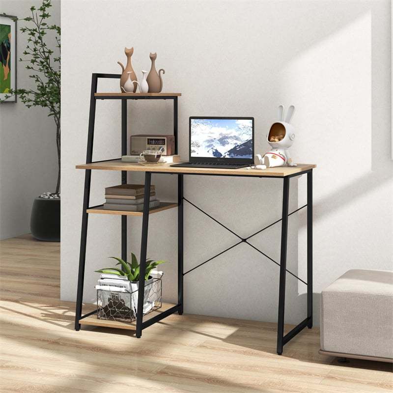 Computer Desk 47.5” Home Office Desk with Side Bookshelf & Host Stand, Metal Frame PC Laptop Workstation Study Writing Desk for Small Spaces
