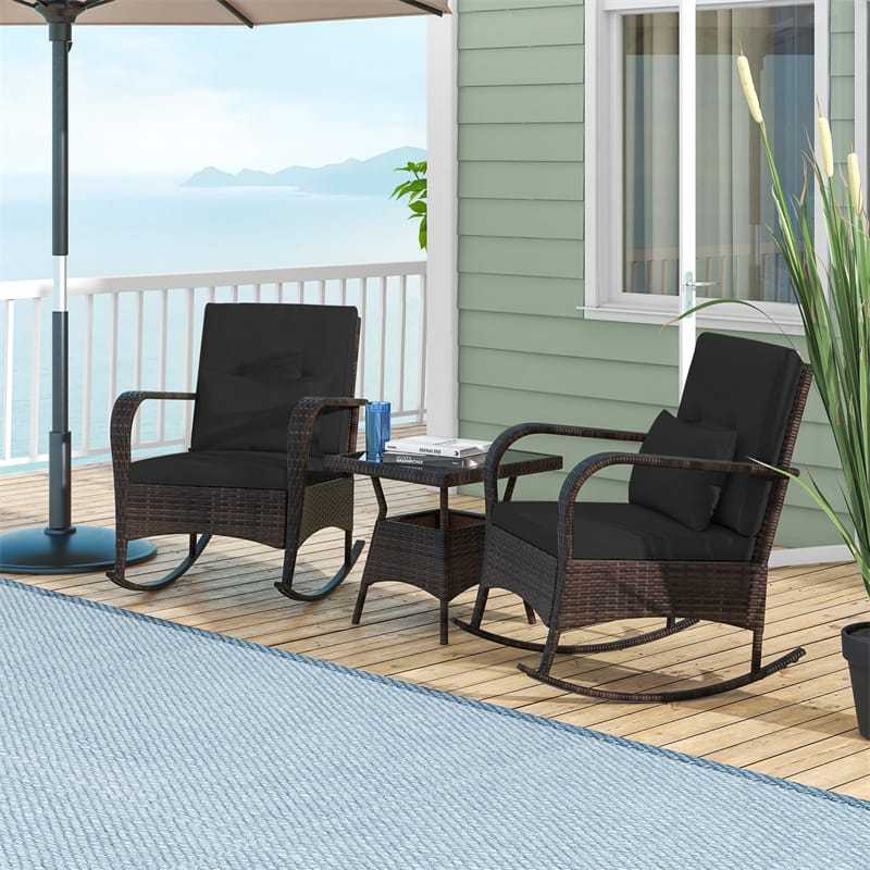 3-Piece PE Rattan Rocking Bistro Set with Removable Cushions & Tempered Glass Table, Outdoor Patio Furniture Set for Porch, Poolside, Backyard