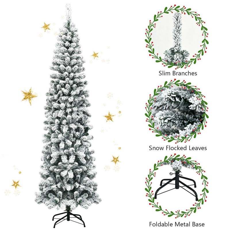 7.5FT Unlit Hinged Snow-flocked Artificial Pencil Christmas Tree with 641 Tips