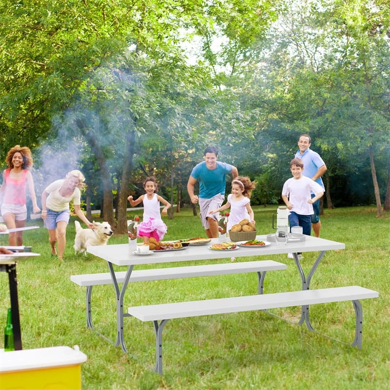 6FT Picnic Table & Bench Set for 8-Person, Heavy Duty Weather-Resistant Outdoor Dining Table with Umbrella Hole HDPE Tabletop & Built-in Benches