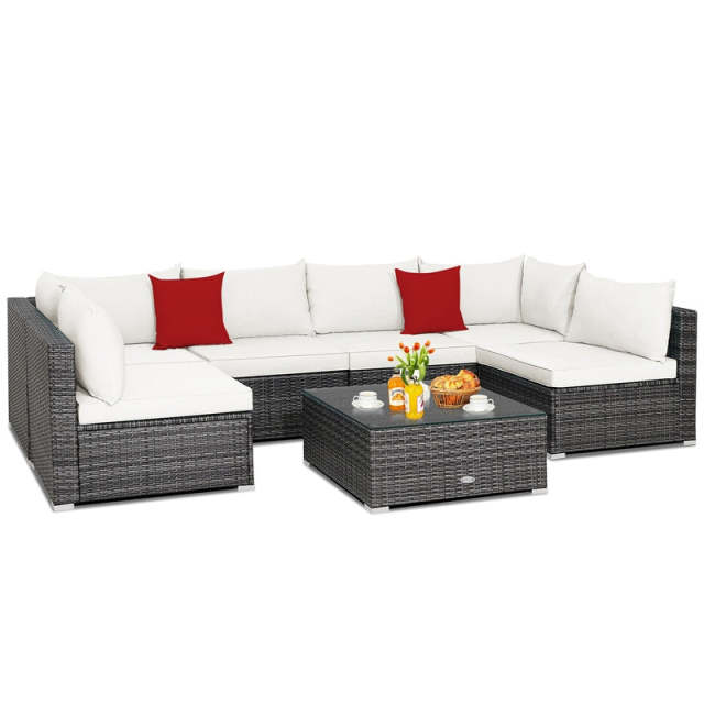 7PCS PE Rattan Modular Outdoor Sectional Set with Tempered Glass Top Table & Cushions, Patio Sofa Furniture for Backyard, Poolside Garden
