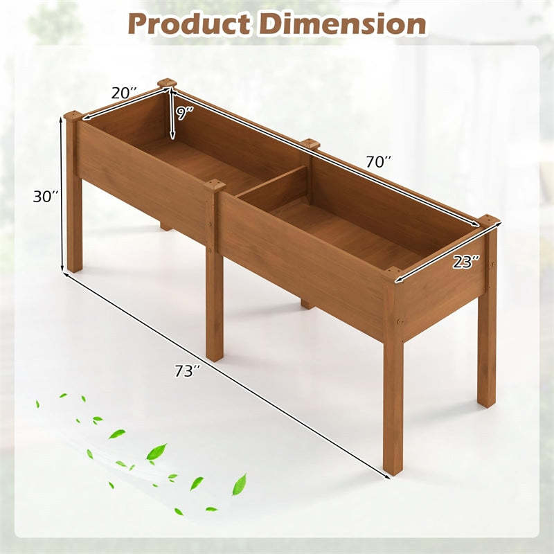 Wood Raised Garden Bed with 6 Legs, Divider Panel & Drainage, Elevated Planter Box for Vegetables, Flowers, 73x23x30 Inch