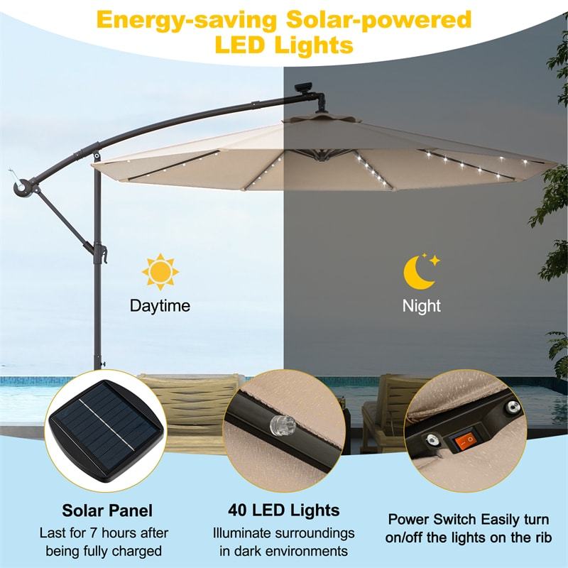 10FT Hanging Solar LED Umbrella Offset Patio Umbrella Outdoor Cantilever Umbrella Steel Market Umbrella with 40 Lights, Crank & Cross Base