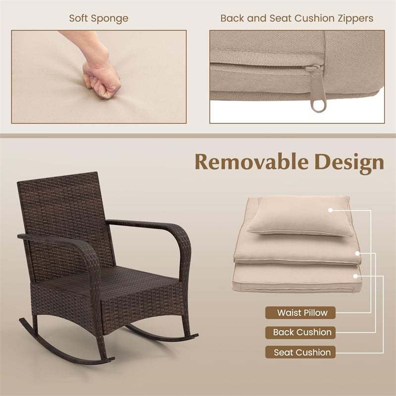 3 Piece Rocking Bistro Set Patio PE Rattan Rocking Chair with Tempered Glass Coffee Table, Back & Seat Cushions, Outdoor Wicker Furniture Set