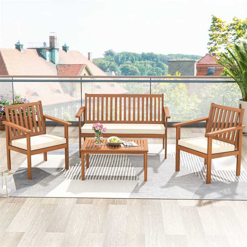 4 Piece Patio Wood Furniture Set Outdoor Acacia Wood Sofa Set with Loveseat, 2 Cushioned Chairs & Coffee Table for Porch Yard Balcony