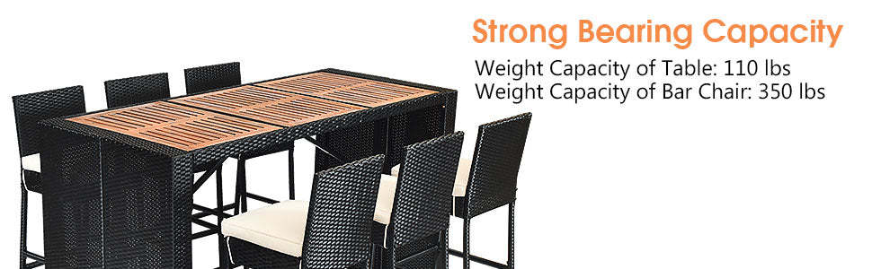 7 Piece Rattan Outdoor Dining Set Wicker Patio Furniture Set with Acacia Wood Bar Table & Cushions