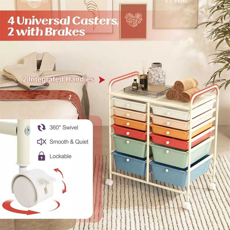 12-Drawer Rolling Storage Cart, Multipurpose Organizer Cart with Lockable Casters, Mobile Utility Cart for School Office Beauty Salon