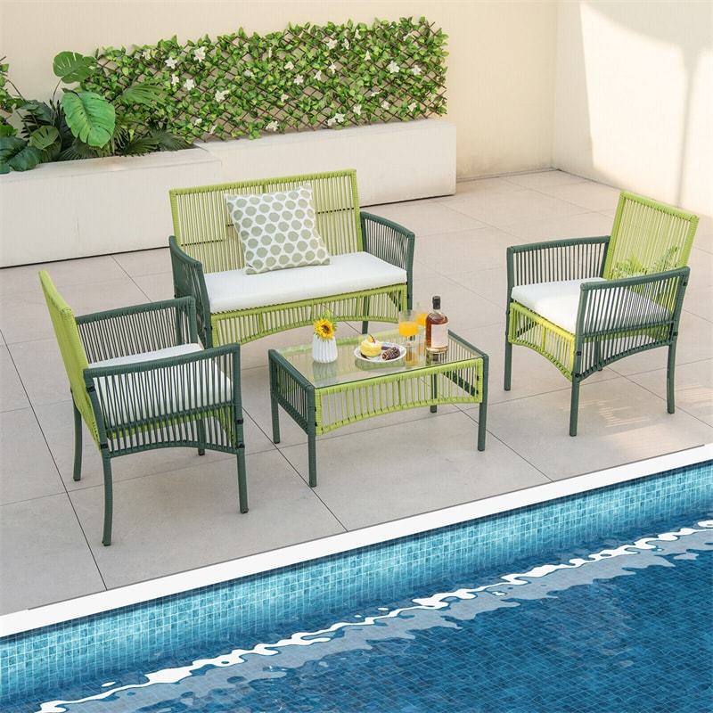 4 Piece Patio Wicker Conversation Set Metal Frame Outdoor Wicker Chair Set with Cushions & Tempered Glass Side Table for Backyard Balcony