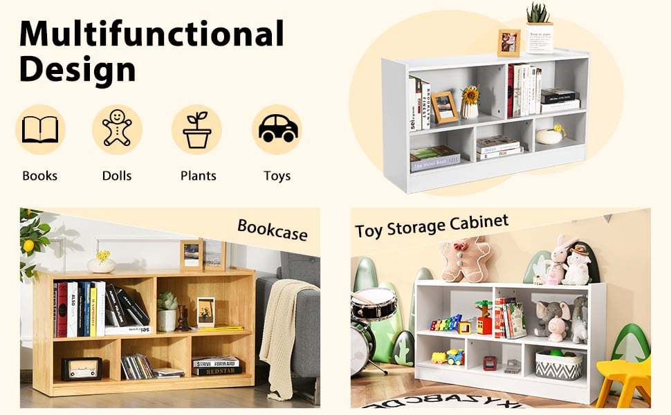Wood Storage Cube Bookcase 2 Tier 5-Cube Open Shelf Storage Cabinet Multipurpose Bookshelf for Kids Playroom