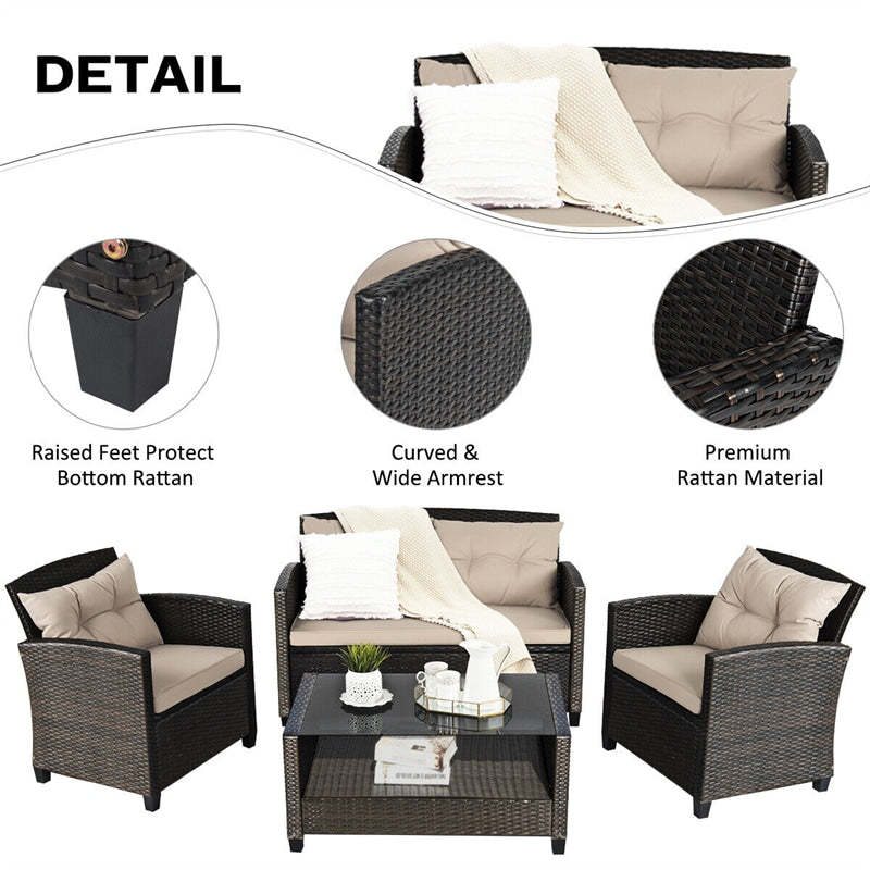 4-Piece Rattan Patio Conversation Furniture Set Outdoor Wicker Sectional Sofa with Cushioned Loveseat Chair & Glass Table