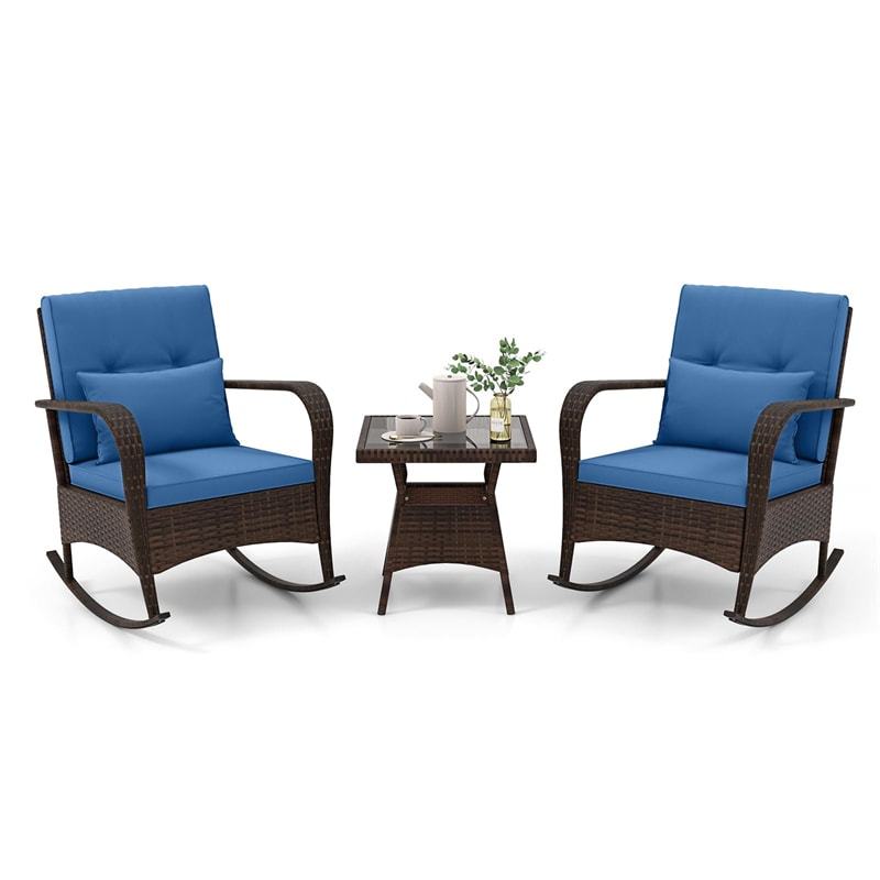 3-Piece PE Rattan Rocking Bistro Set with Removable Cushions & Tempered Glass Table, Outdoor Patio Furniture Set for Porch, Poolside, Backyard