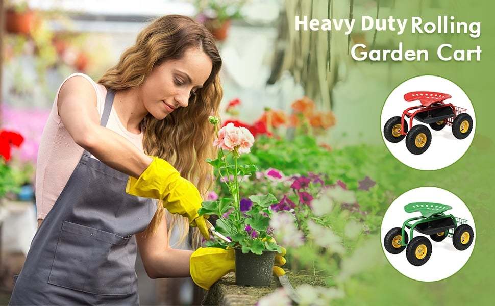 Rolling Garden Cart with 360° Swivel Seat, Tool Basket, Adjustable Height, 330LB Capacity Heavy Duty Gardening Seat for Lawn, Yard Work, Seniors