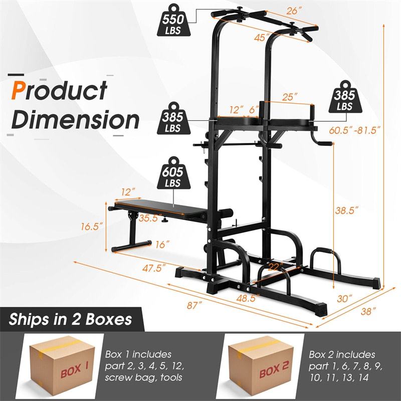 Adjustable Power Tower with Foldable Weight Bench, Multi-Function Pull-Up Bar Dip Station, Heavy Duty Full Body Workout Machine for Home Gym