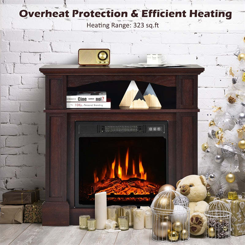 32" Electric Fireplace with Mantel, 1400W Freestanding Heater with Adjustable Flame, Remote Control, Thermostat & Storage Shelf for Living Room
