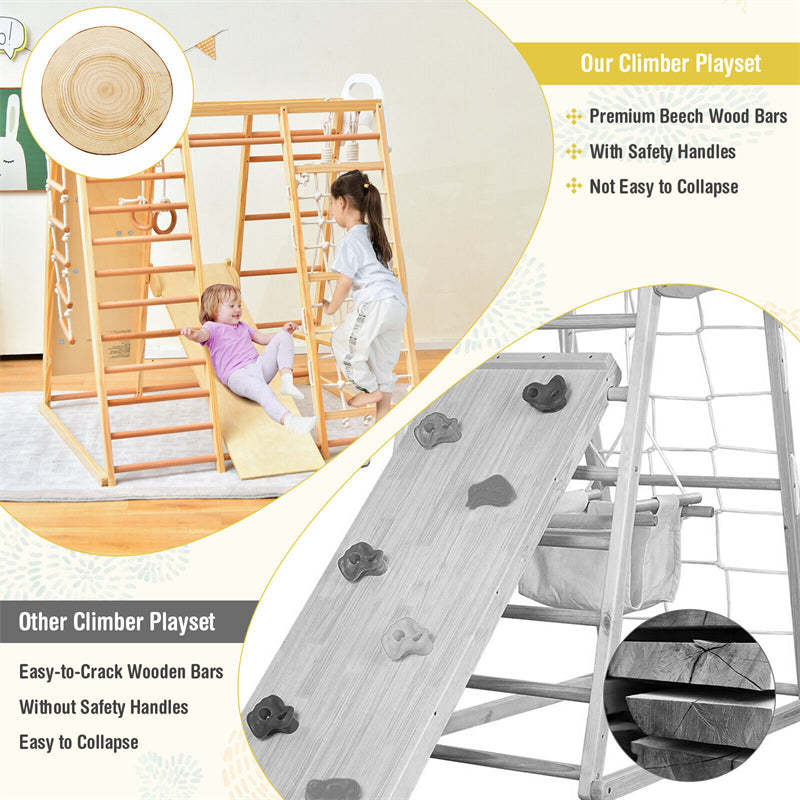 Indoor Jungle Gym for Kids, 8-in-1 Toddler Wooden Montessori Indoor Playground Climber Playset with Slide, Monkey Bars, Climbing Rock & Net