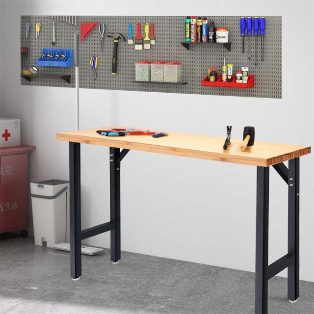 65" Bamboo Top Workbench, Heavy-Duty Steel Work Table for Garage with Triangle Reinforcement, Easy Assembly Hardwood Workstation