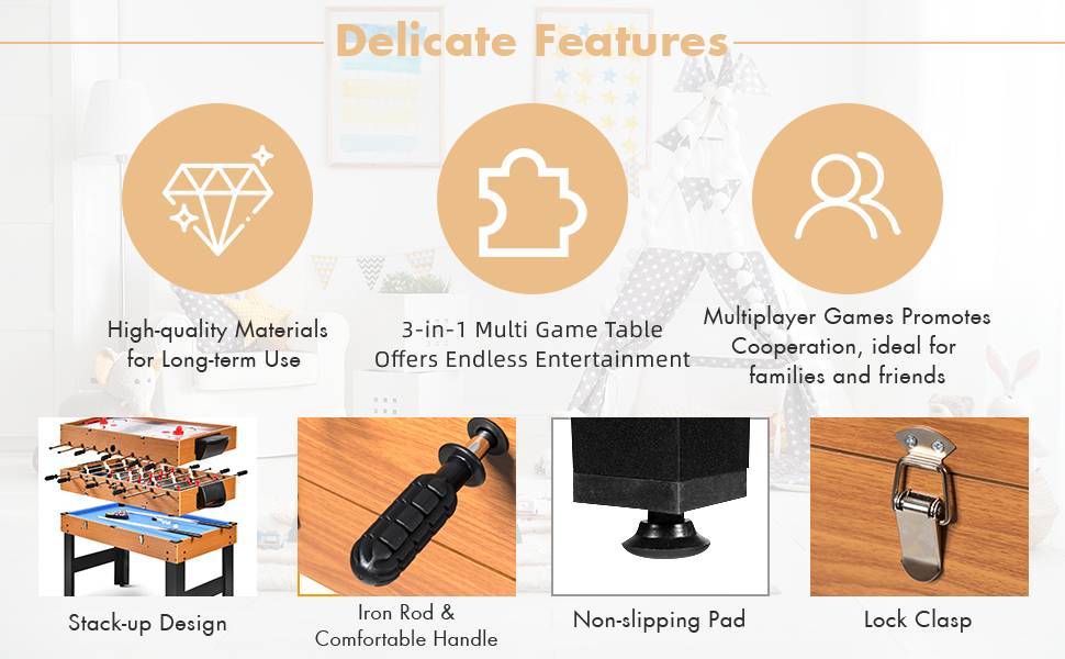 48" Foosball Table 3-in-1 Multi Combo Game Table with Soccer Billiards Slide Hockey for Home & Game Room