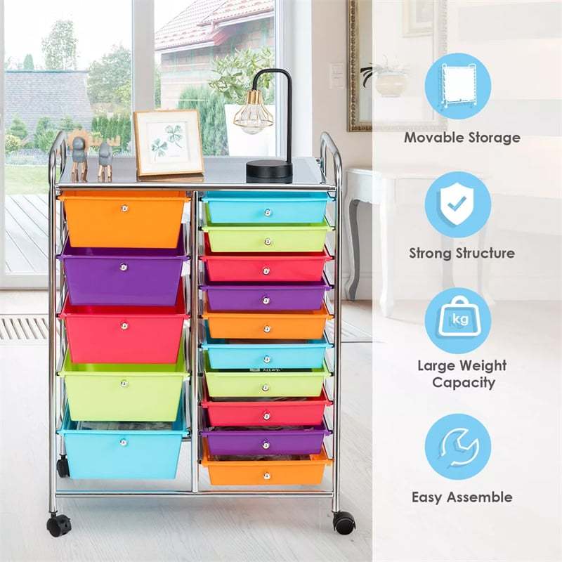 15-Drawer Rolling Storage Cart, Art &  Craft Organizer with Wheels & Removable Drawers for Tools, Scrapbook Paper, Home Office School