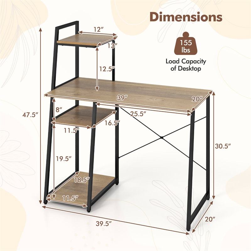 Computer Desk 47.5” Home Office Desk with Side Bookshelf & Host Stand, Metal Frame PC Laptop Workstation Study Writing Desk for Small Spaces