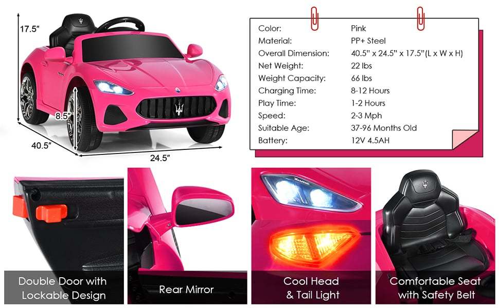 Kids Ride On Car Licensed Maserati 12V Battery Powered Electric Car with Remote Control & Lights, Pink Ride On Toys for Boys Girls Gift